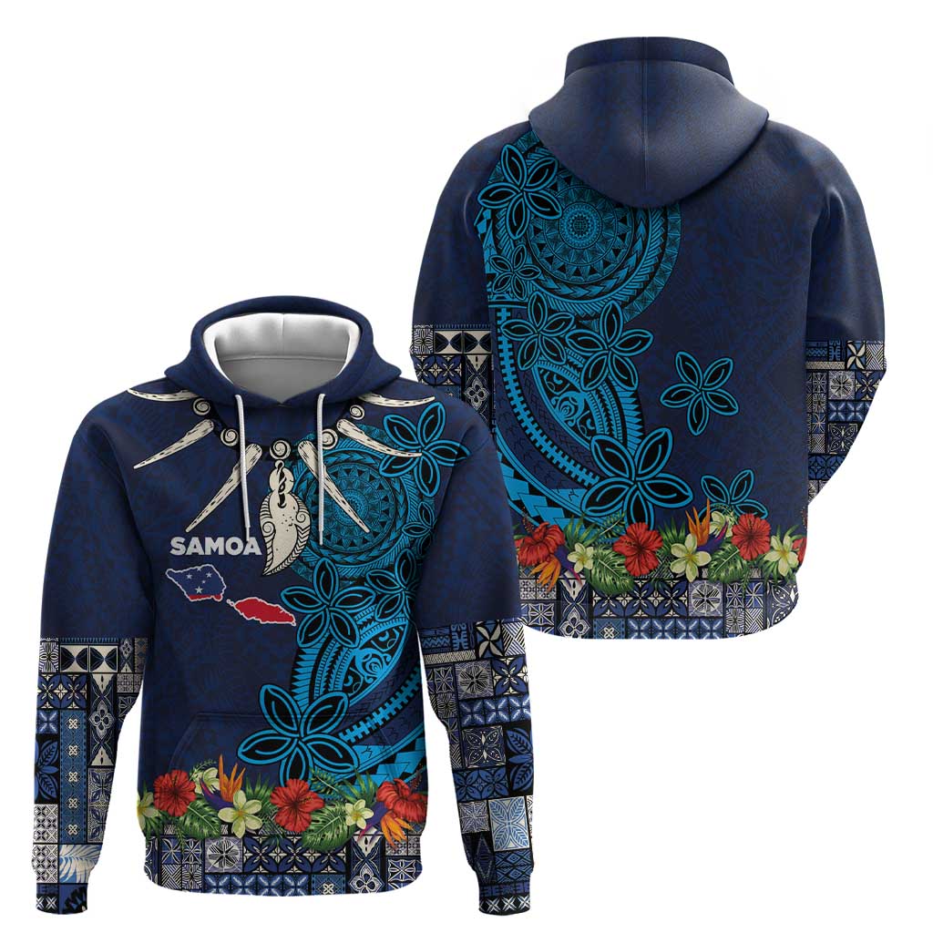Samoa Siapo Polynesian Art Hoodie Tropical Flowers and Tatau Pattern Navy