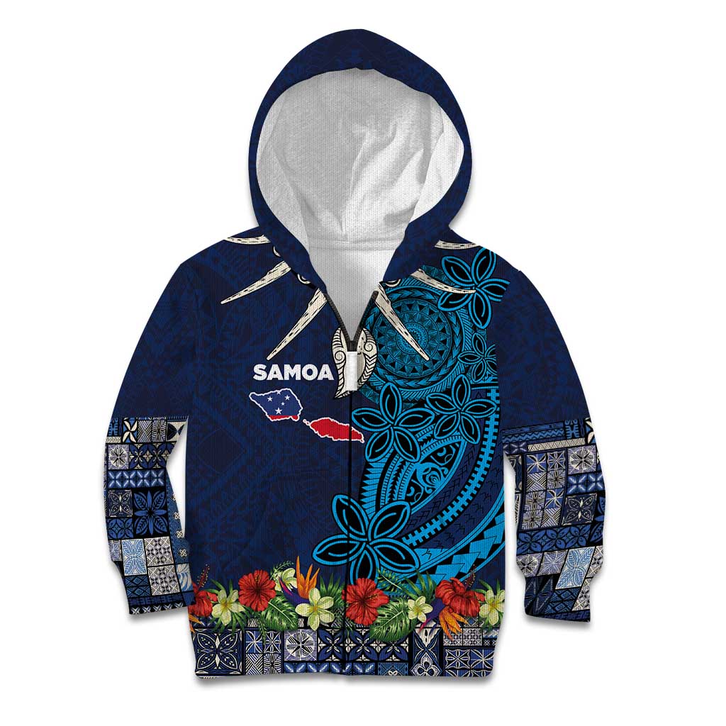 Samoa Siapo Polynesian Art Kid Hoodie Tropical Flowers and Tatau Pattern Navy