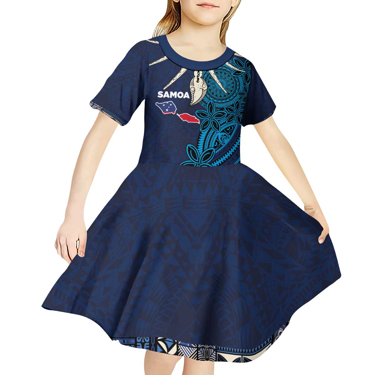 Samoa Siapo Polynesian Art Kid Short Sleeve Dress Tropical Flowers and Tatau Pattern Navy