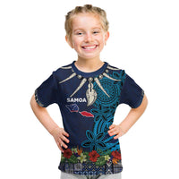 Samoa Siapo Polynesian Art Kid T Shirt Tropical Flowers and Tatau Pattern Navy