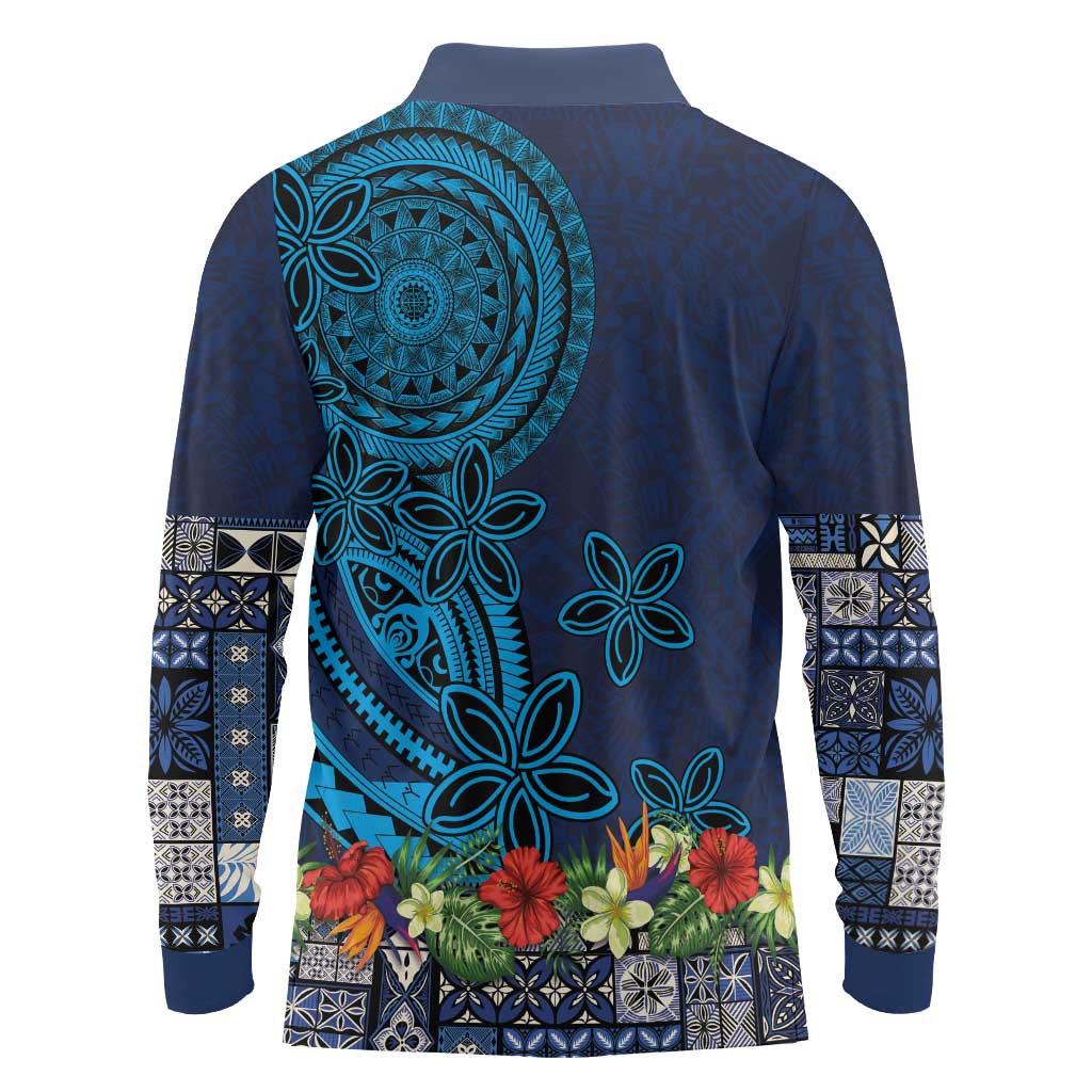 Samoa Siapo Polynesian Art Long Sleeve Polo Shirt Tropical Flowers and Tatau Pattern Navy