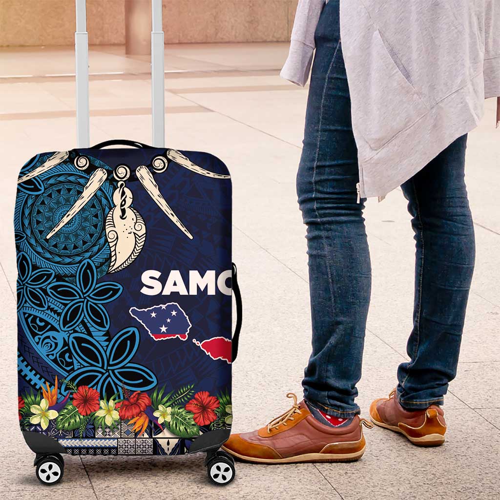 Samoa Siapo Polynesian Art Luggage Cover Tropical Flowers and Tatau Pattern Navy