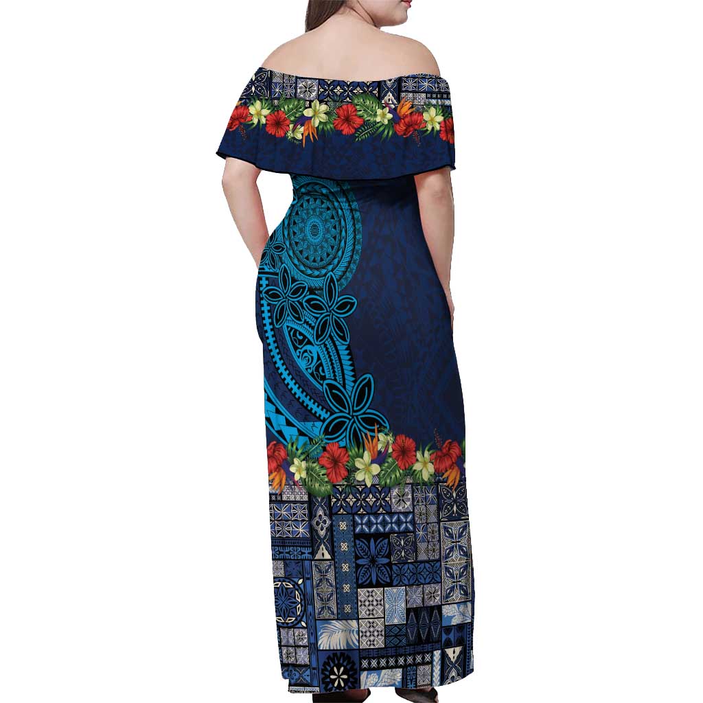 Samoa Siapo Polynesian Art Off Shoulder Maxi Dress Tropical Flowers and Tatau Pattern Navy