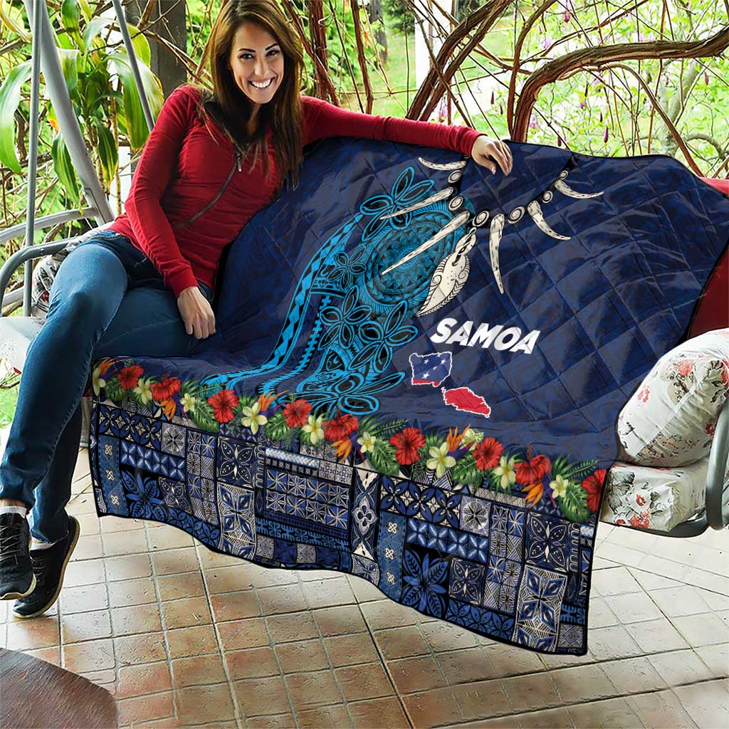 Samoa Siapo Polynesian Art Quilt Tropical Flowers and Tatau Pattern Navy
