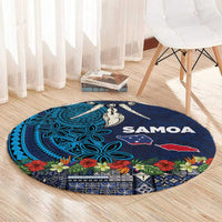 Samoa Siapo Polynesian Art Round Carpet Tropical Flowers and Tatau Pattern Navy