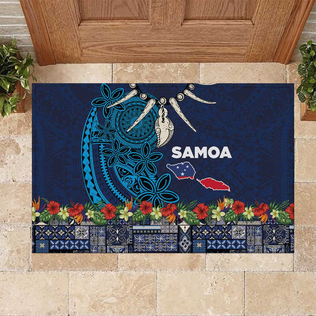 Samoa Siapo Polynesian Art Rubber Doormat Tropical Flowers and Tatau Pattern Navy