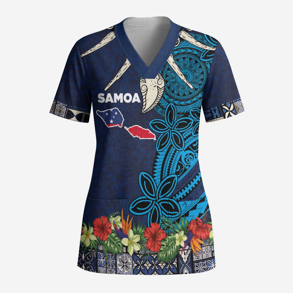 Samoa Siapo Polynesian Art Scrub Top Tropical Flowers and Tatau Pattern Navy - Polynesian Pride