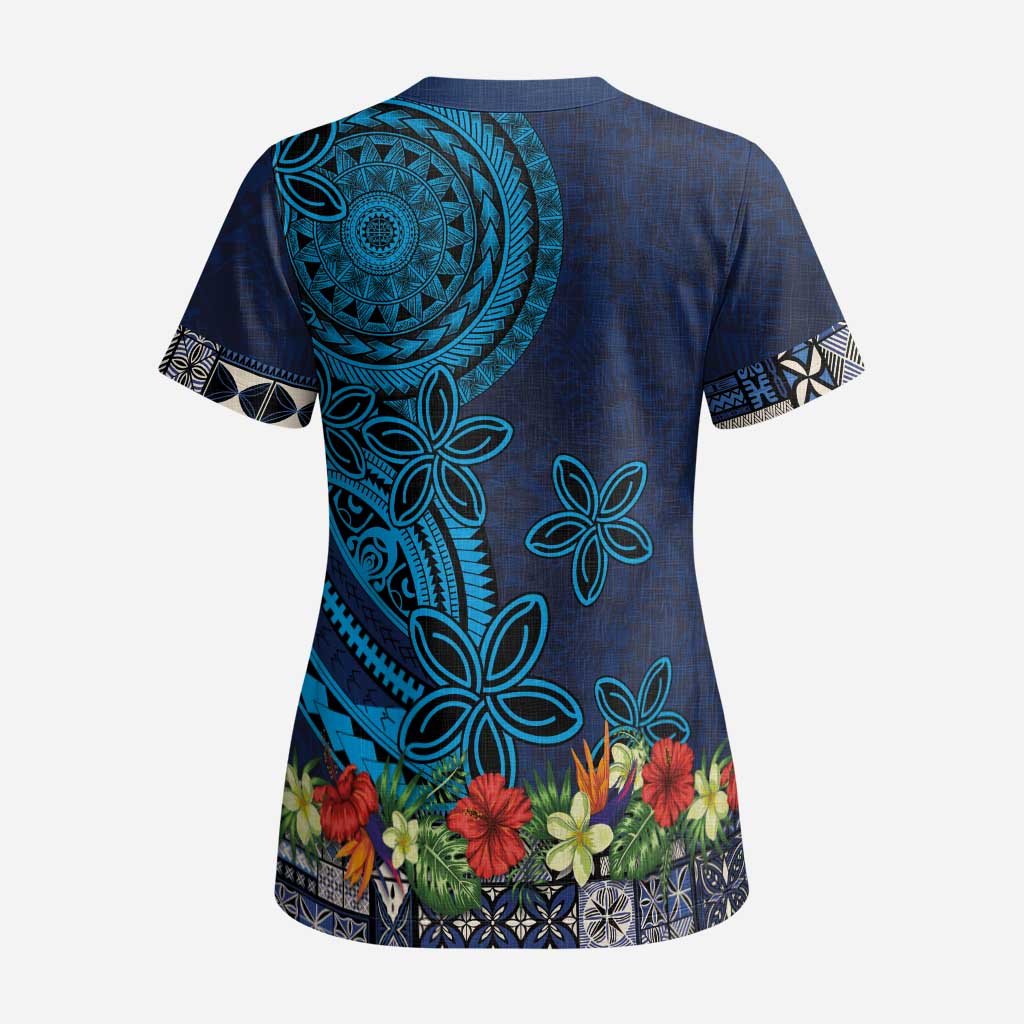 Samoa Siapo Polynesian Art Scrub Top Tropical Flowers and Tatau Pattern Navy - Polynesian Pride