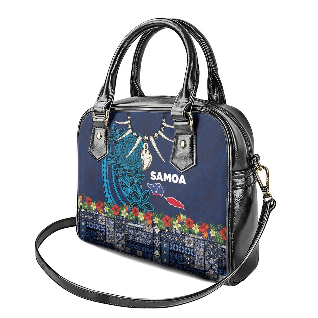 Samoa Siapo Polynesian Art Shoulder Handbag Tropical Flowers and Tatau Pattern Navy