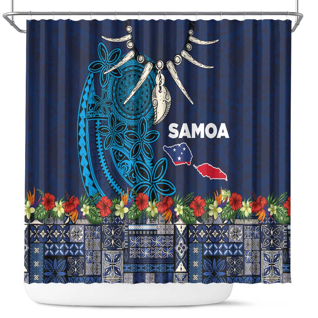 Samoa Siapo Polynesian Art Shower Curtain Tropical Flowers and Tatau Pattern Navy
