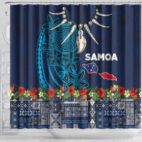 Samoa Siapo Polynesian Art Shower Curtain Tropical Flowers and Tatau Pattern Navy