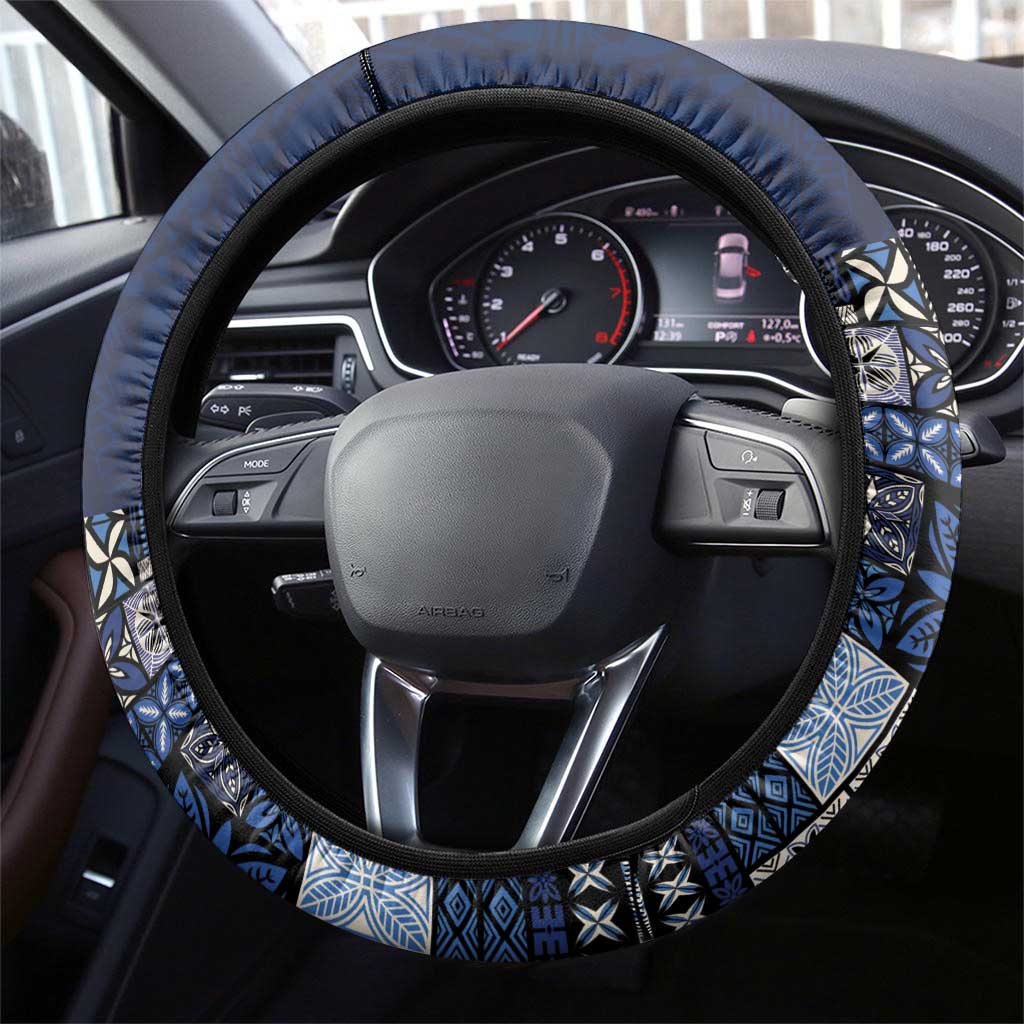 Samoa Siapo Polynesian Art Steering Wheel Cover Tropical Flowers and Tatau Pattern Navy