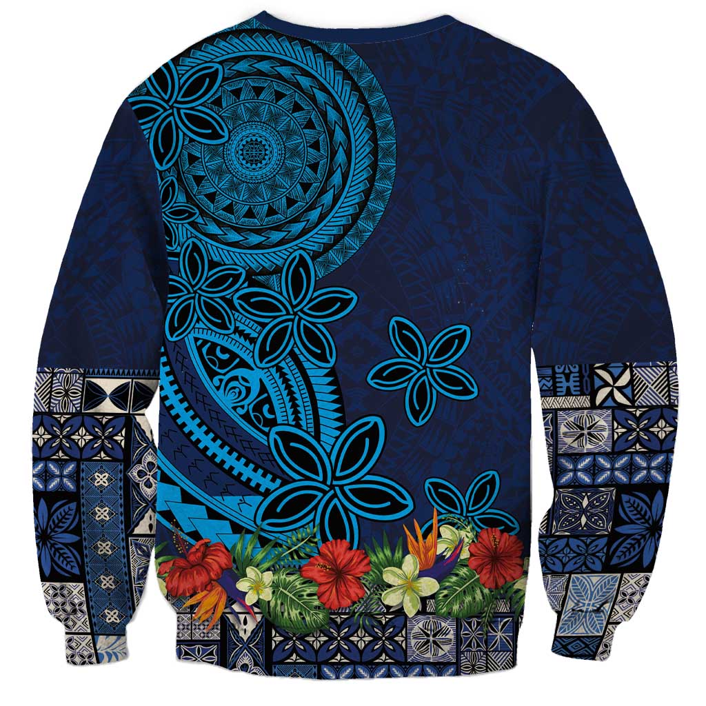 Samoa Siapo Polynesian Art Sweatshirt Tropical Flowers and Tatau Pattern Navy