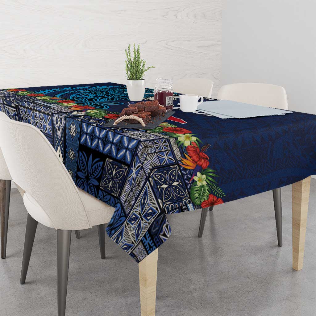 Samoa Siapo Polynesian Art Tablecloth Tropical Flowers and Tatau Pattern Navy