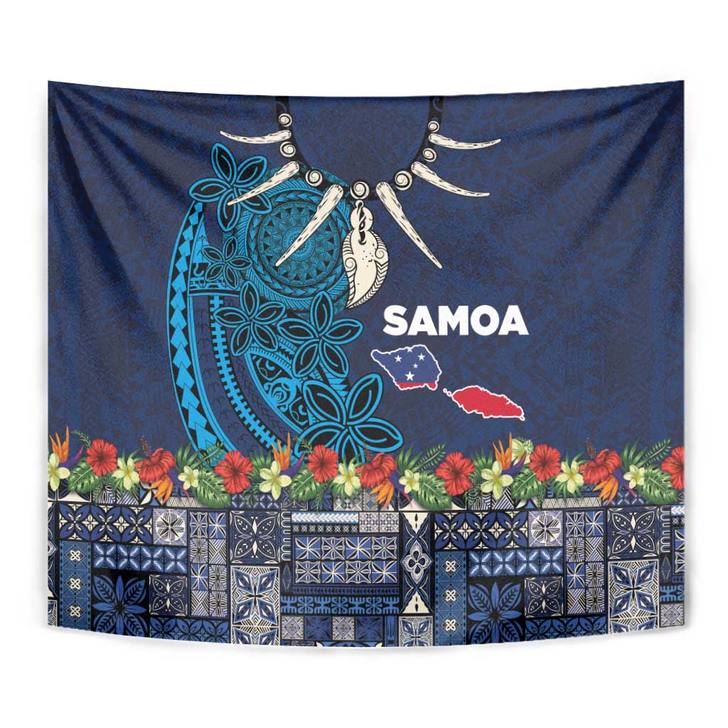 Samoa Siapo Polynesian Art Tapestry Tropical Flowers and Tatau Pattern Navy