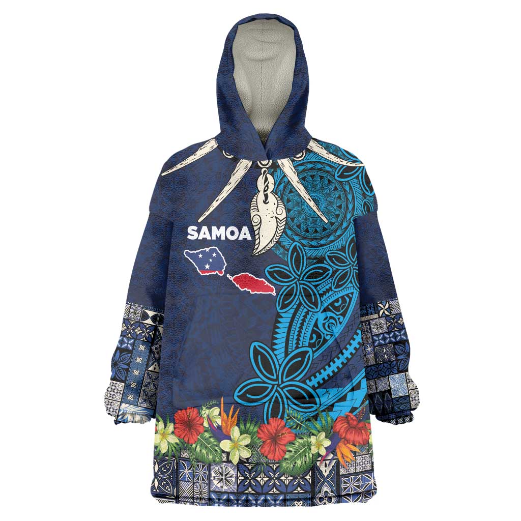 Samoa Siapo Polynesian Art Wearable Blanket Hoodie Tropical Flowers and Tatau Pattern Navy