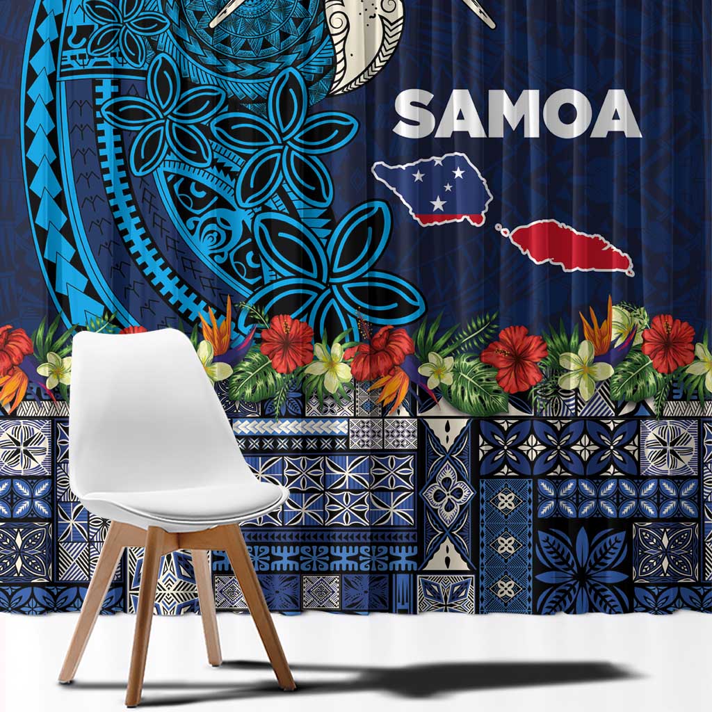 Samoa Siapo Polynesian Art Window Curtain Tropical Flowers and Tatau Pattern Navy
