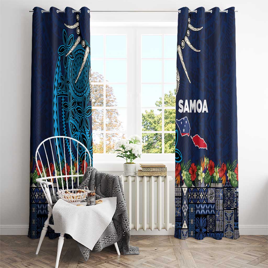 Samoa Siapo Polynesian Art Window Curtain Tropical Flowers and Tatau Pattern Navy