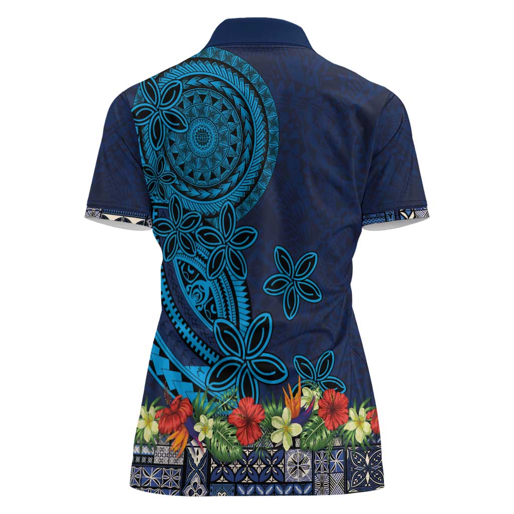 Samoa Siapo Polynesian Art Women Polo Shirt Tropical Flowers and Tatau Pattern Navy