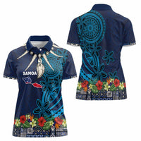 Samoa Siapo Polynesian Art Women Polo Shirt Tropical Flowers and Tatau Pattern Navy
