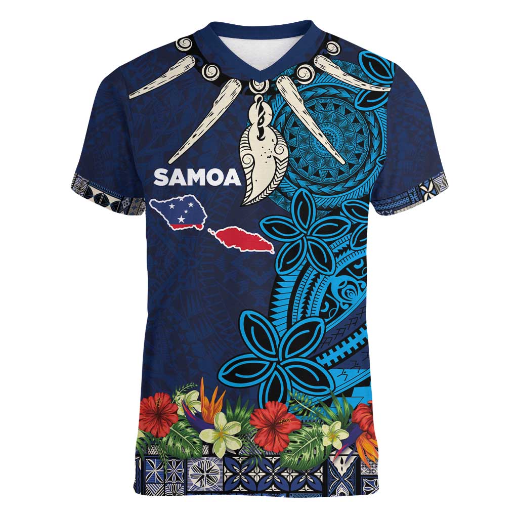 Samoa Siapo Polynesian Art Women V-Neck T-Shirt Tropical Flowers and Tatau Pattern Navy