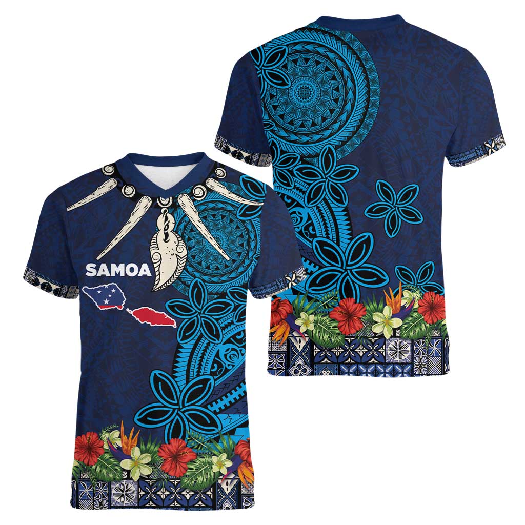 Samoa Siapo Polynesian Art Women V-Neck T-Shirt Tropical Flowers and Tatau Pattern Navy