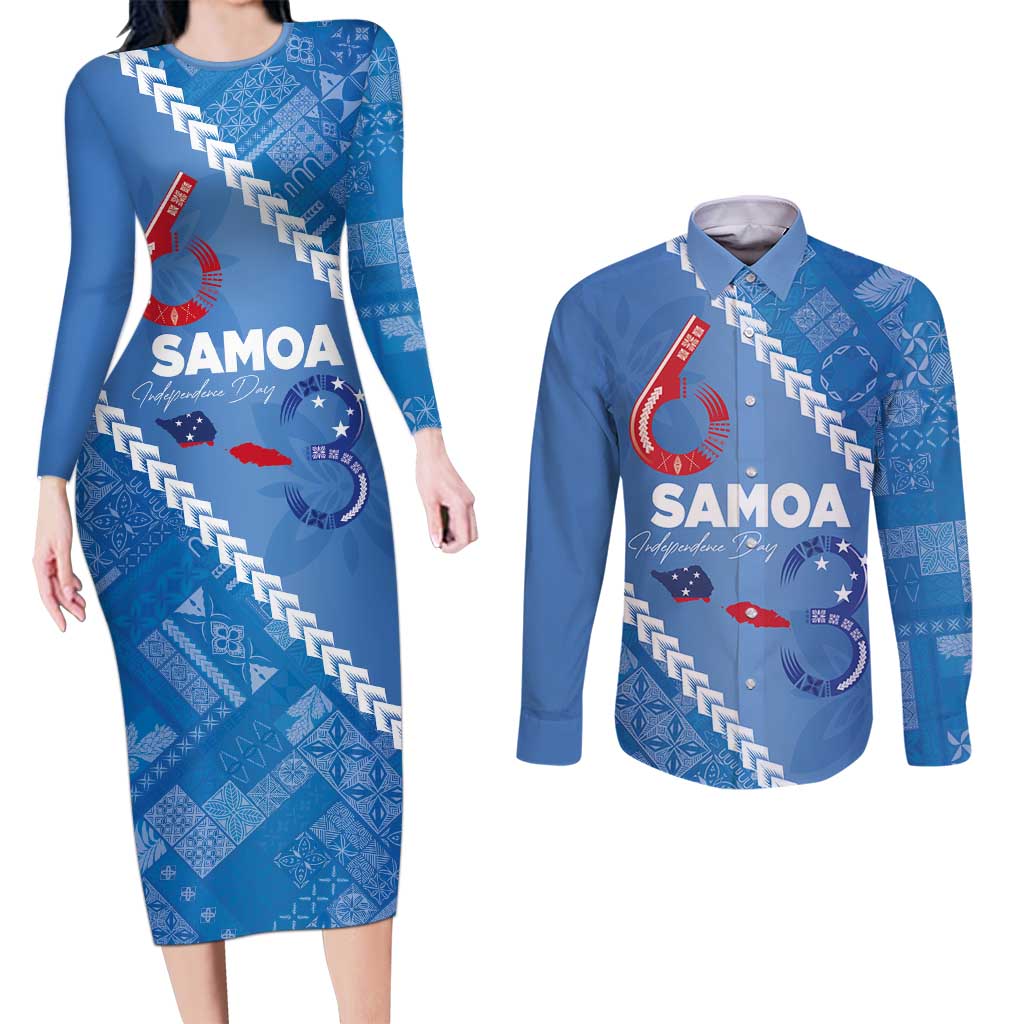 Samoa Independence Day Couples Matching Long Sleeve Bodycon Dress and Long Sleeve Button Shirt Anniversary 63th-Siapo Art