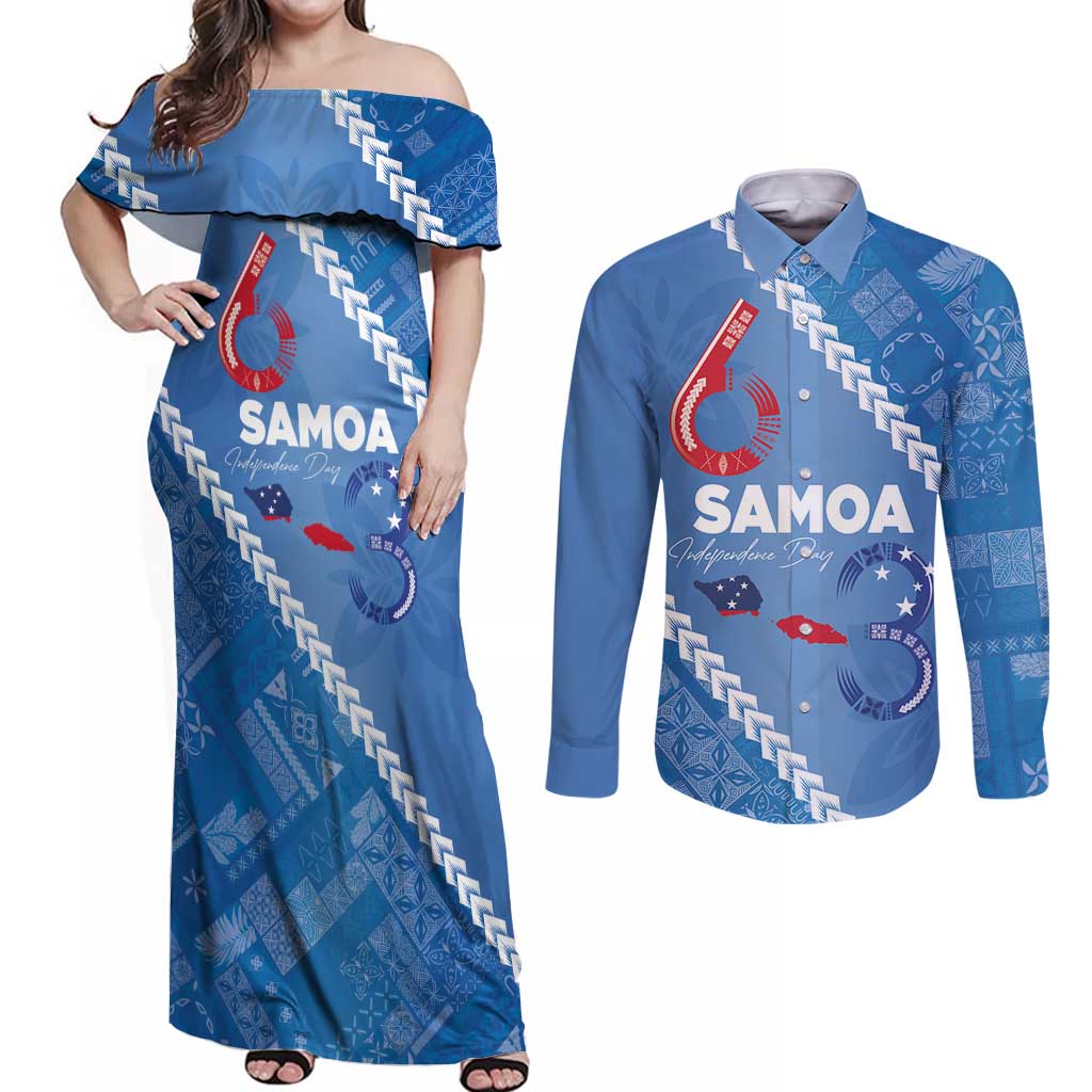 Samoa Independence Day Couples Matching Off Shoulder Maxi Dress and Long Sleeve Button Shirt Anniversary 63th-Siapo Art
