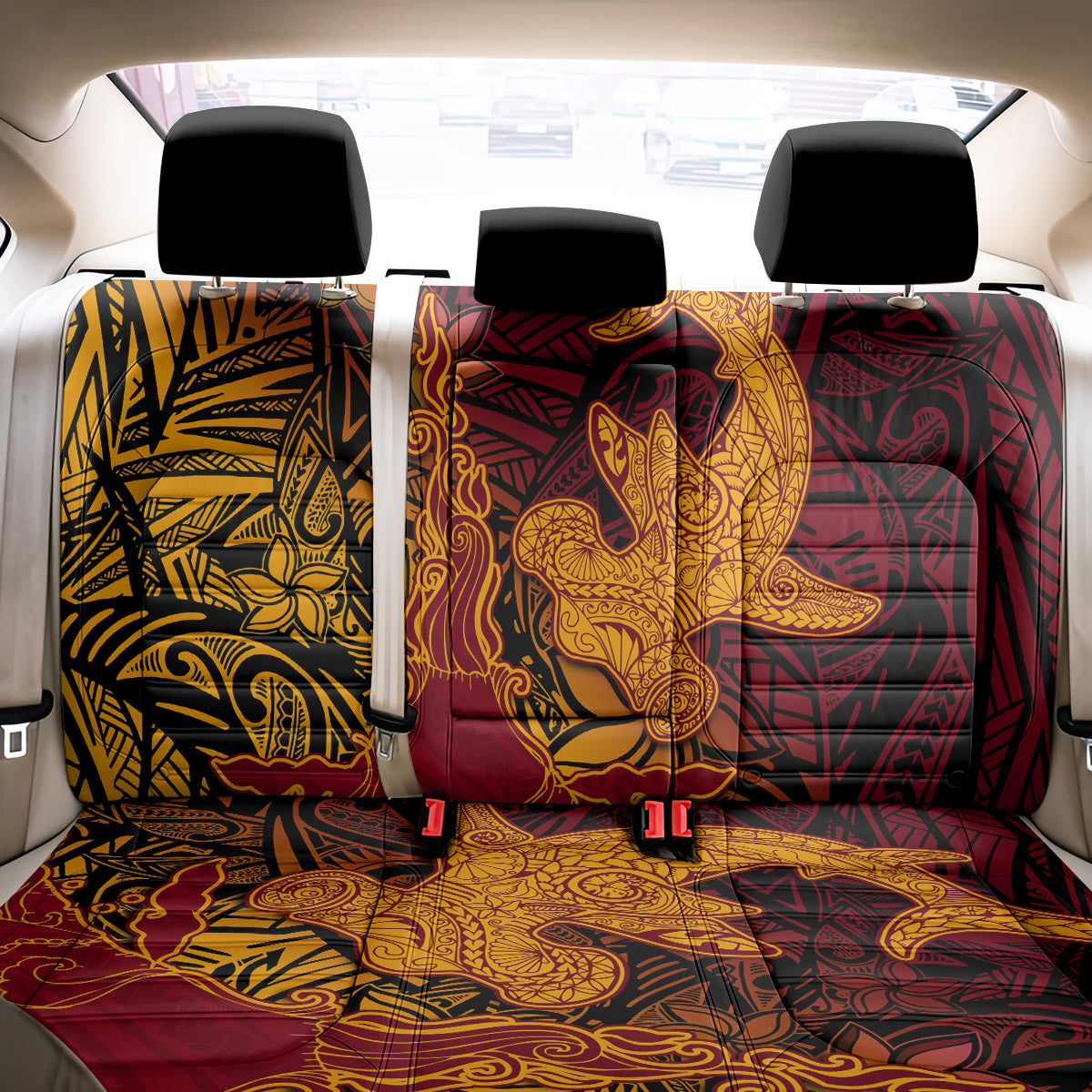 Hawaiian Volcano and Shark Back Car Seat Cover Polynesian and Hibiscus Pattern Lava Color