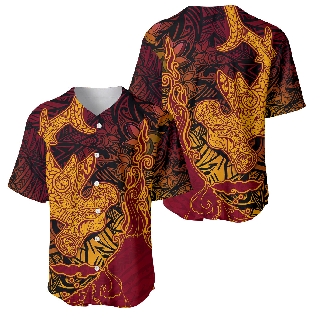 Hawaiian Volcano and Shark Baseball Jersey Polynesian and Hibiscus Pattern Lava Color