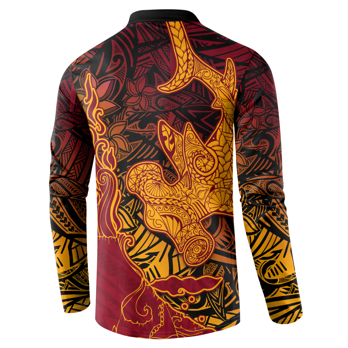 Hawaiian Volcano and Shark Button Sweatshirt Polynesian and Hibiscus Pattern Lava Color