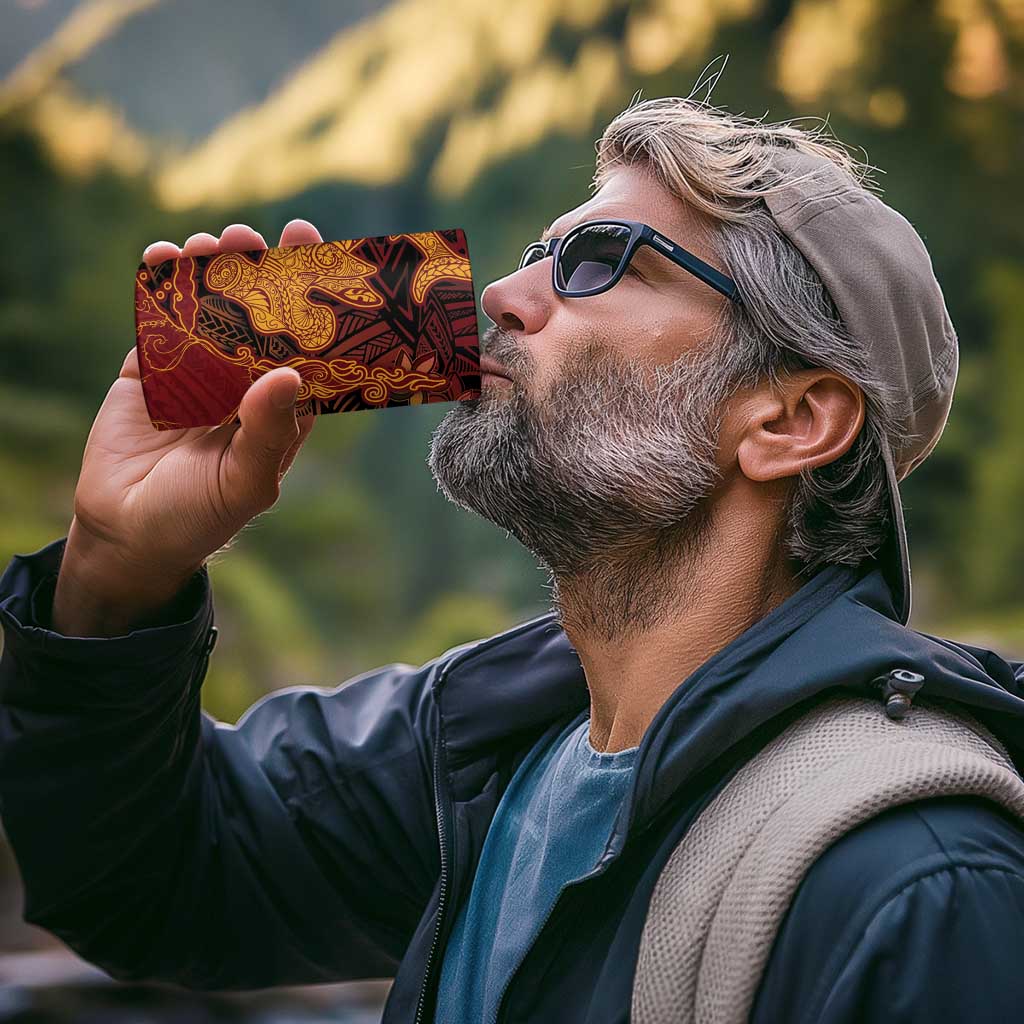 Hawaiian Volcano and Shark 4 in 1 Can Cooler Tumbler Polynesian and Hibiscus Pattern Lava Color