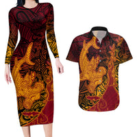 Hawaiian Volcano and Shark Couples Matching Long Sleeve Bodycon Dress and Hawaiian Shirt Polynesian and Hibiscus Pattern Lava Color LT03 Red - Polynesian Pride