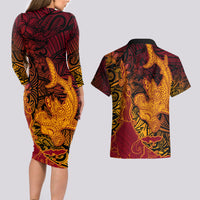Hawaiian Volcano and Shark Couples Matching Long Sleeve Bodycon Dress and Hawaiian Shirt Polynesian and Hibiscus Pattern Lava Color LT03 - Polynesian Pride