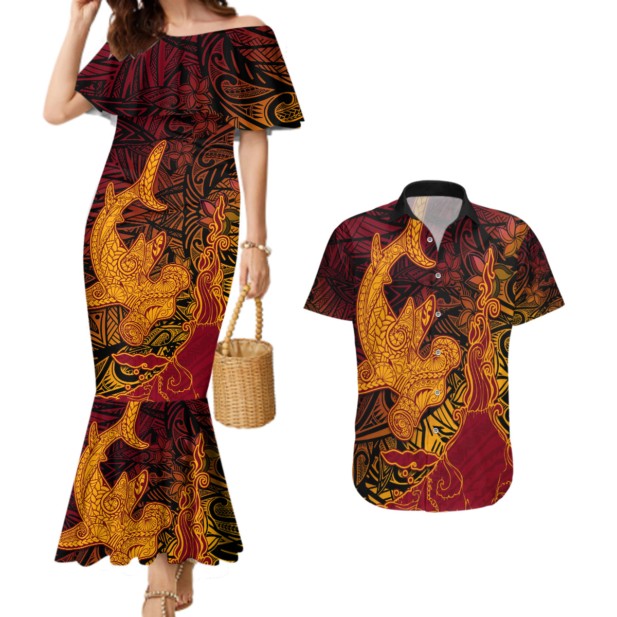 Hawaiian Volcano and Shark Couples Matching Mermaid Dress and Hawaiian Shirt Polynesian and Hibiscus Pattern Lava Color
