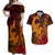 Hawaiian Volcano and Shark Couples Matching Off Shoulder Maxi Dress and Hawaiian Shirt Polynesian and Hibiscus Pattern Lava Color