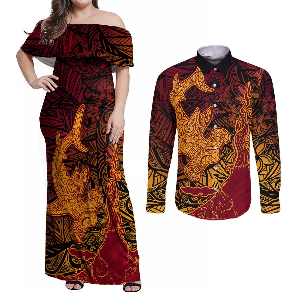 Hawaiian Volcano and Shark Couples Matching Off Shoulder Maxi Dress and Long Sleeve Button Shirt Polynesian and Hibiscus Pattern Lava Color