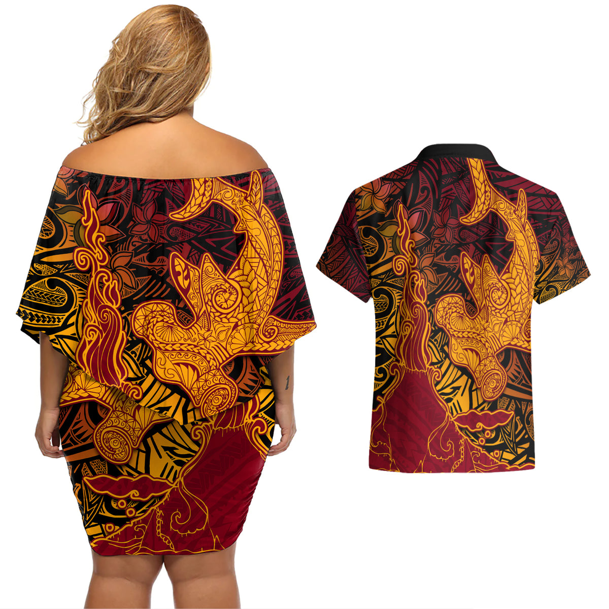 Hawaiian Volcano and Shark Couples Matching Off Shoulder Short Dress and Hawaiian Shirt Polynesian and Hibiscus Pattern Lava Color