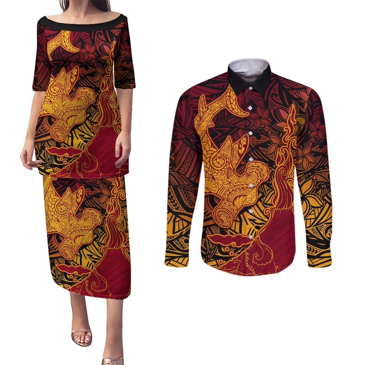 Hawaiian Volcano and Shark Couples Matching Puletasi and Long Sleeve Button Shirt Polynesian and Hibiscus Pattern Lava Color
