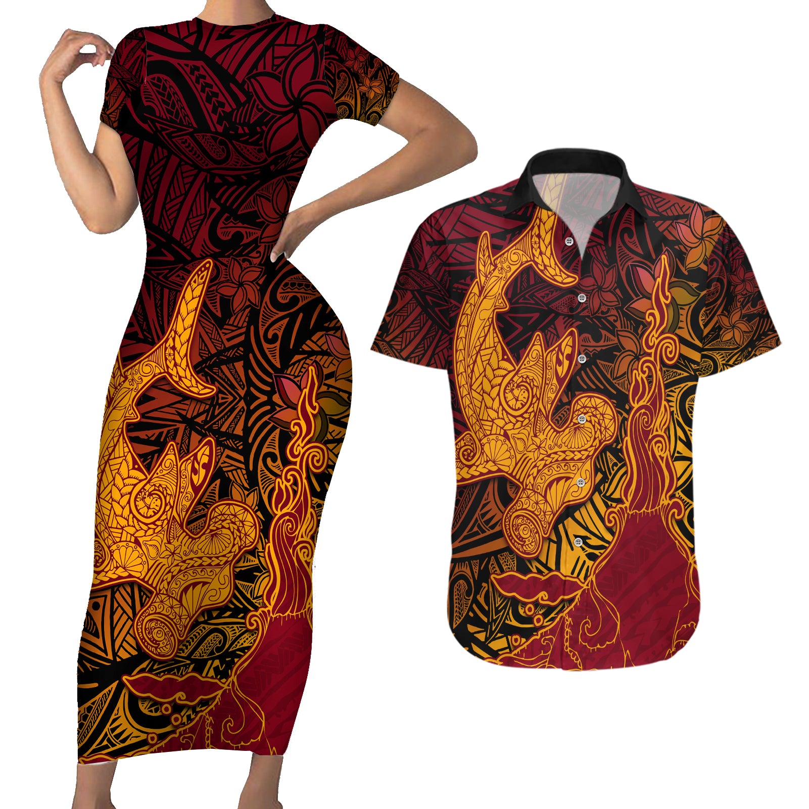 Hawaiian Volcano and Shark Couples Matching Short Sleeve Bodycon Dress and Hawaiian Shirt Polynesian and Hibiscus Pattern Lava Color