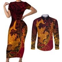 Hawaiian Volcano and Shark Couples Matching Short Sleeve Bodycon Dress and Long Sleeve Button Shirt Polynesian and Hibiscus Pattern Lava Color