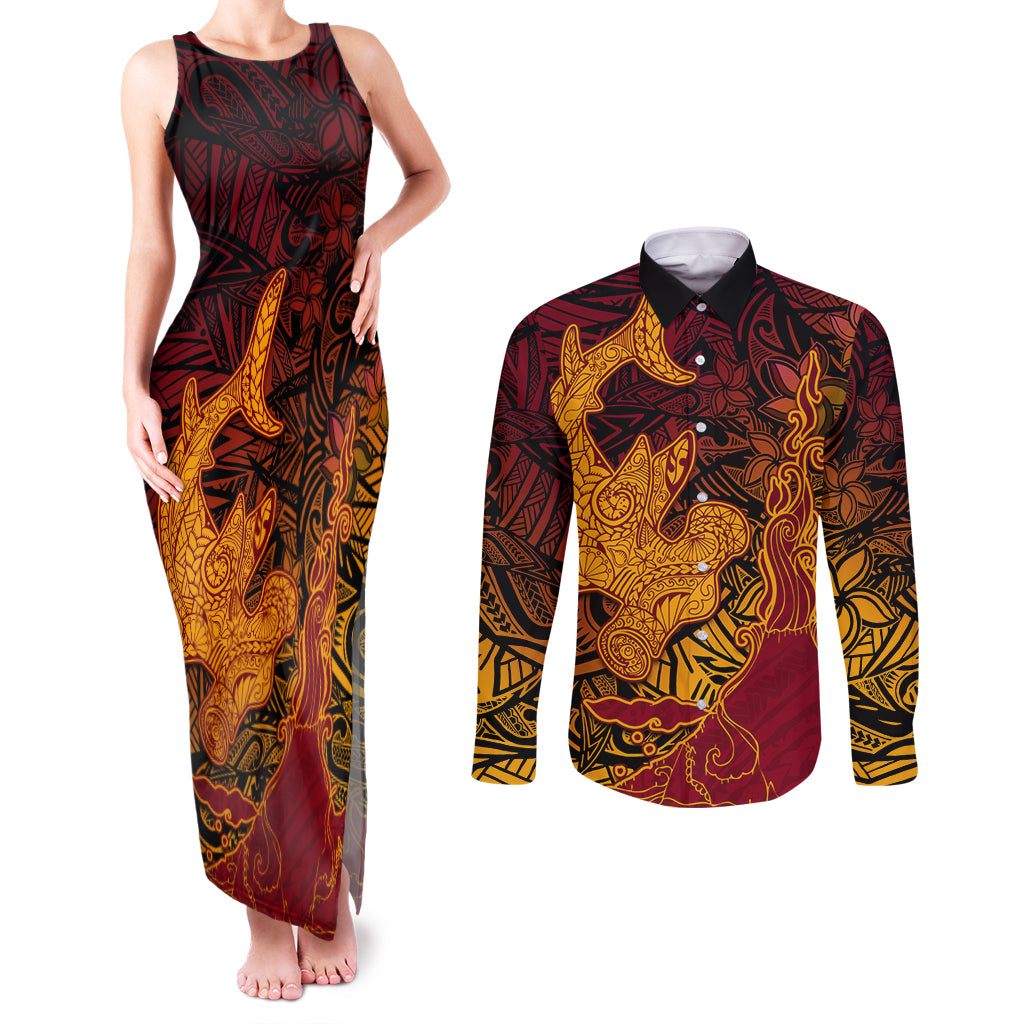 Hawaiian Volcano and Shark Couples Matching Tank Maxi Dress and Long Sleeve Button Shirt Polynesian and Hibiscus Pattern Lava Color