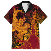 Hawaiian Volcano and Shark Family Matching Long Sleeve Bodycon Dress and Hawaiian Shirt Polynesian and Hibiscus Pattern Lava Color