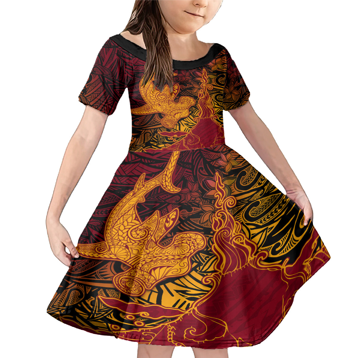 Hawaiian Volcano and Shark Family Matching Mermaid Dress and Hawaiian Shirt Polynesian and Hibiscus Pattern Lava Color