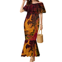 Hawaiian Volcano and Shark Family Matching Mermaid Dress and Hawaiian Shirt Polynesian and Hibiscus Pattern Lava Color