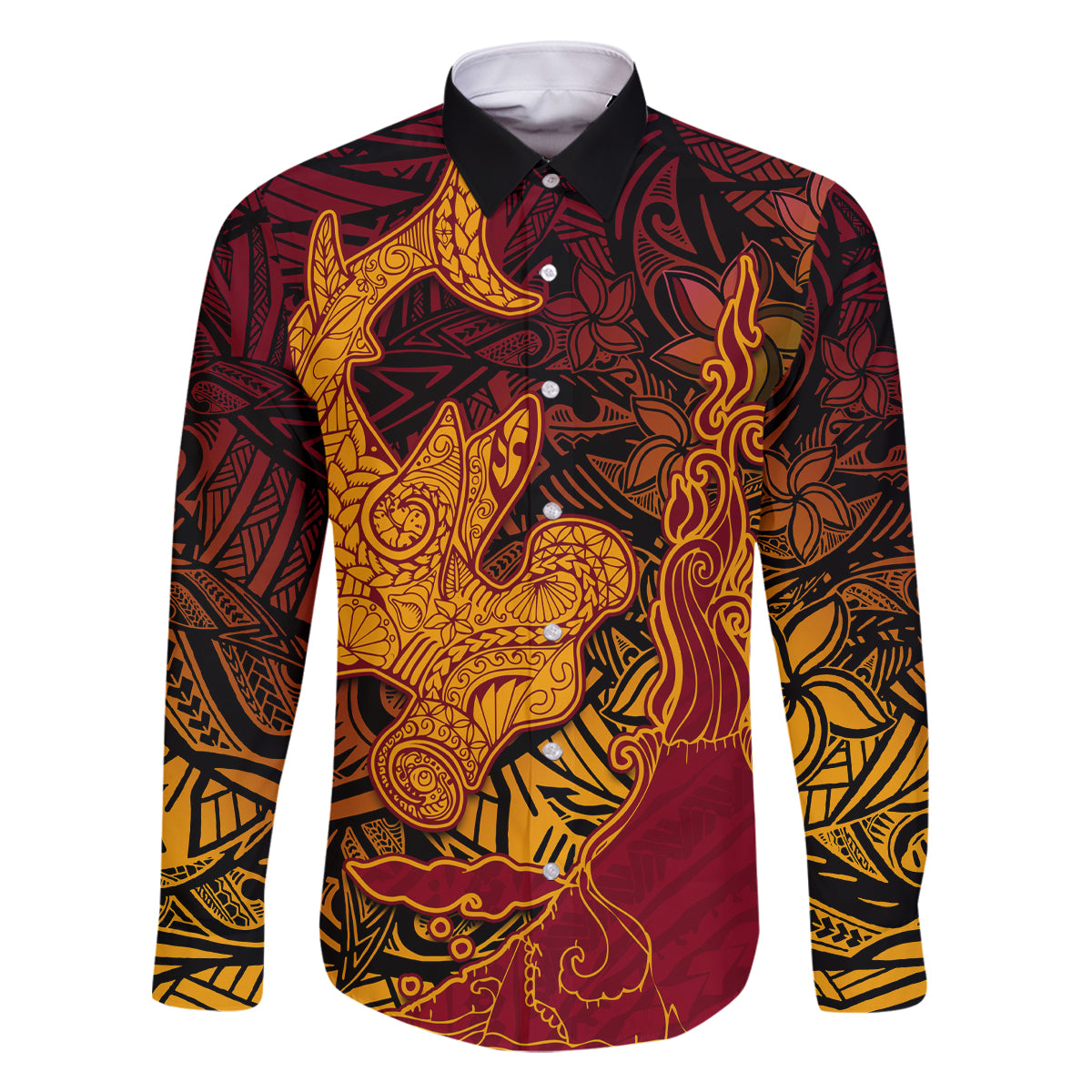 Hawaiian Volcano and Shark Family Matching Off The Shoulder Long Sleeve Dress and Hawaiian Shirt Polynesian and Hibiscus Pattern Lava Color