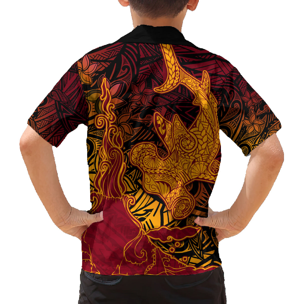 Hawaiian Volcano and Shark Family Matching Off Shoulder Short Dress and Hawaiian Shirt Polynesian and Hibiscus Pattern Lava Color
