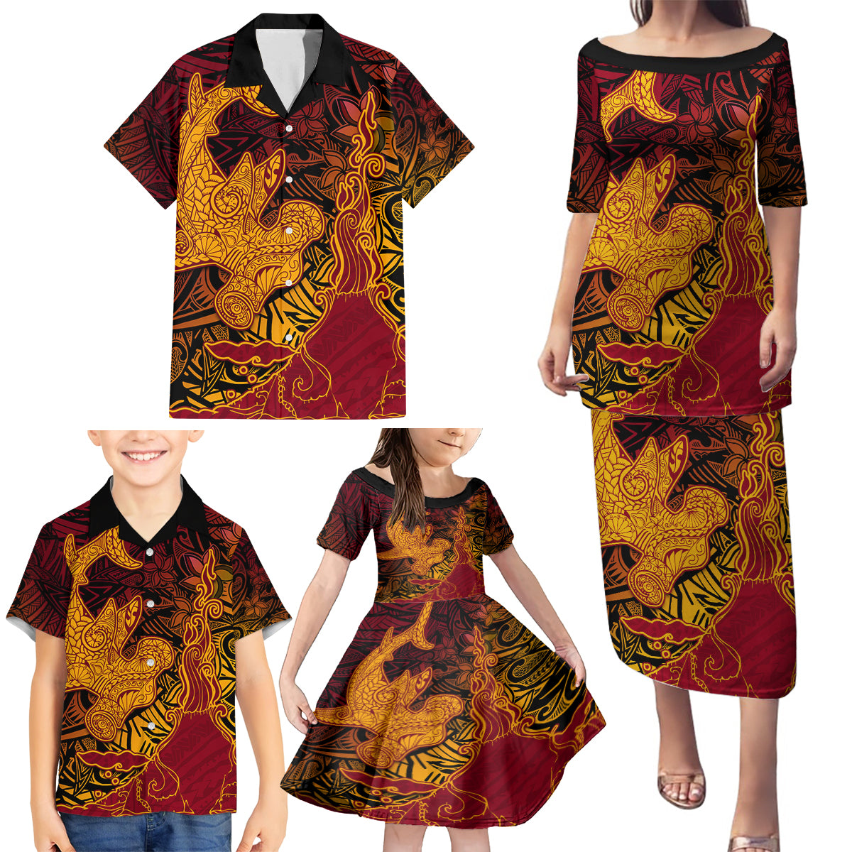 Hawaiian Volcano and Shark Family Matching Puletasi and Hawaiian Shirt Polynesian and Hibiscus Pattern Lava Color LT03 - Polynesian Pride