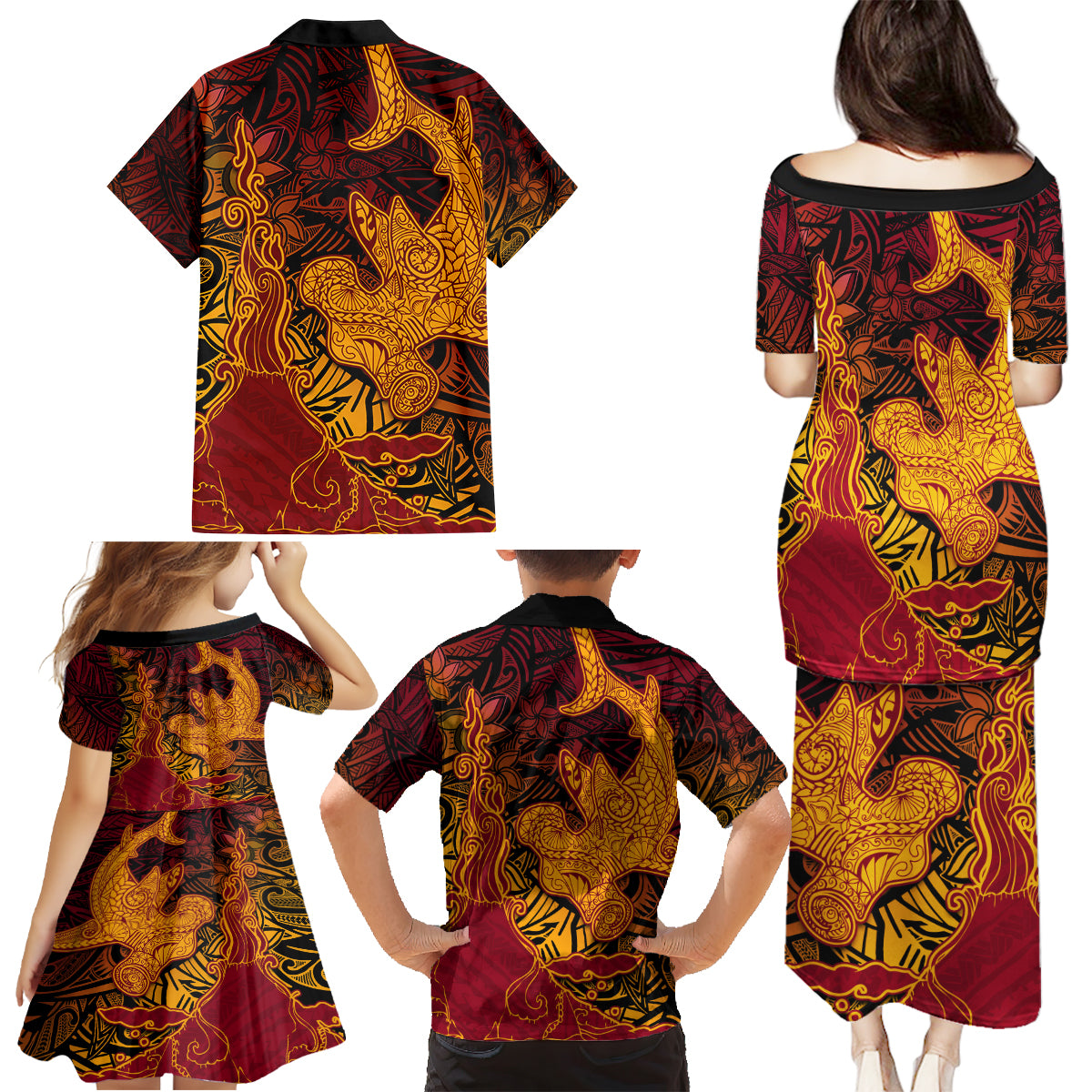 Hawaiian Volcano and Shark Family Matching Puletasi and Hawaiian Shirt Polynesian and Hibiscus Pattern Lava Color LT03 - Polynesian Pride
