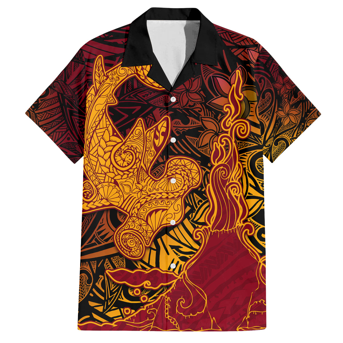Hawaiian Volcano and Shark Family Matching Puletasi and Hawaiian Shirt Polynesian and Hibiscus Pattern Lava Color LT03 Dad's Shirt - Short Sleeve Red - Polynesian Pride